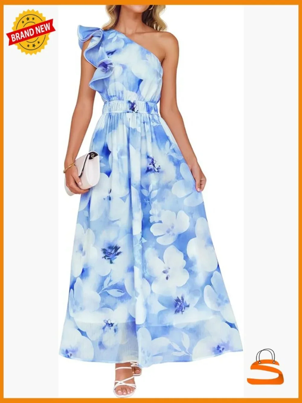 Sleeveless Floral Maxi Dress One Shoulder Ruffle High Waist Boho Beach Wedding